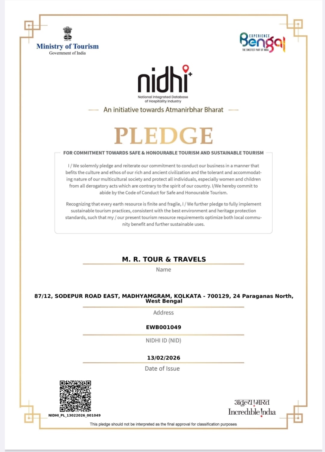 Safe and Honourable Tourism Pledge Certificate